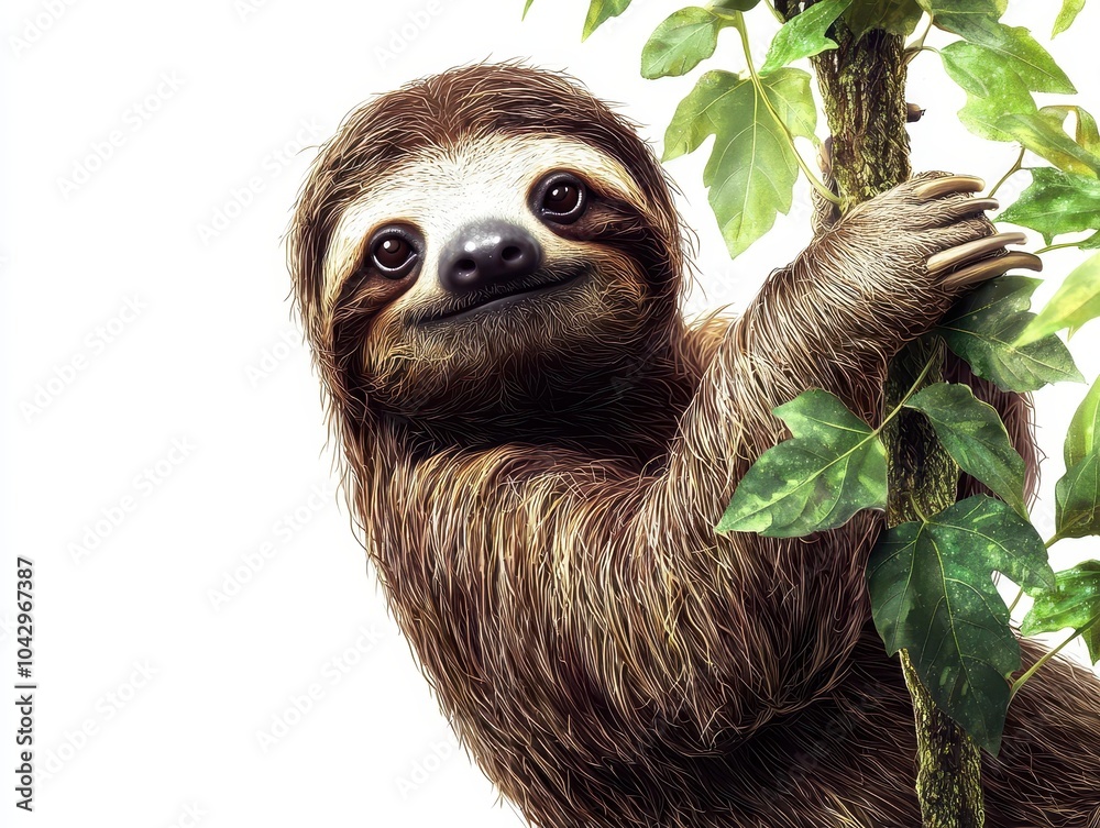 Fototapeta premium Sloth hanging on a branch, white isolated background.