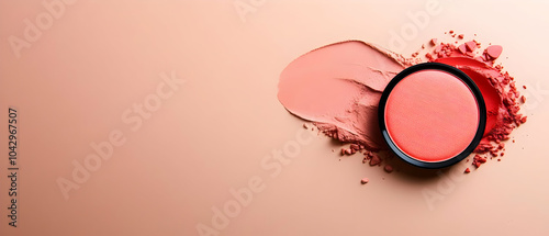 A vibrant blush compact with powder dispersed on a soft beige background, ideal for beauty product showcases. photo