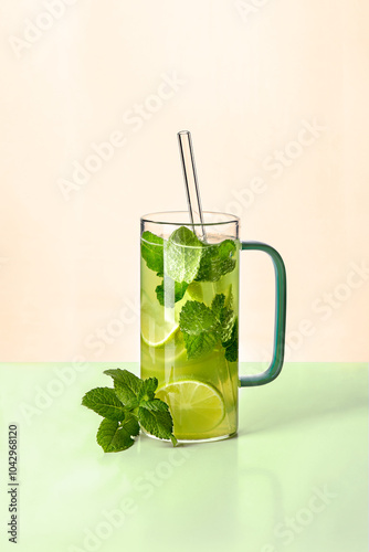 Mint julep cocktail in clear mug. Vibrant green drink on pastel two-tone background. Copy space