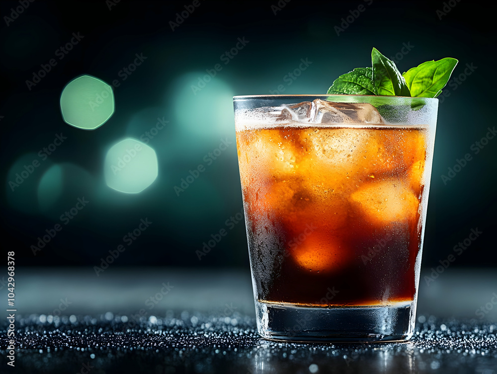 Refreshing drink served with ice and mint leaves, perfect for a summer refreshment on a shimmering surface. Refreshing drink served with ice and mint leaves, perfect for a summer refreshment on a shimmering surface.