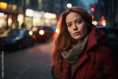 Portrait of a beautiful red-haired girl in a red coat on the background of the night city.