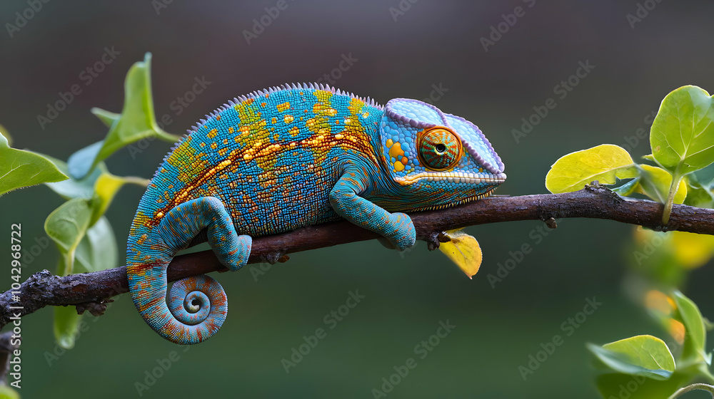 Fototapeta premium A vibrant chameleon perched on a branch, showcasing its colorful skin and unique texture against a blurred green background.