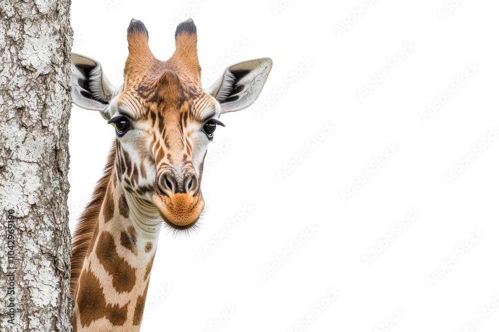 Obraz premium Giraffe peeking from behind a tree, white isolate background
