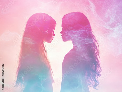 Two girls silhouettes pastel colors of pink dreamy and magical vibe