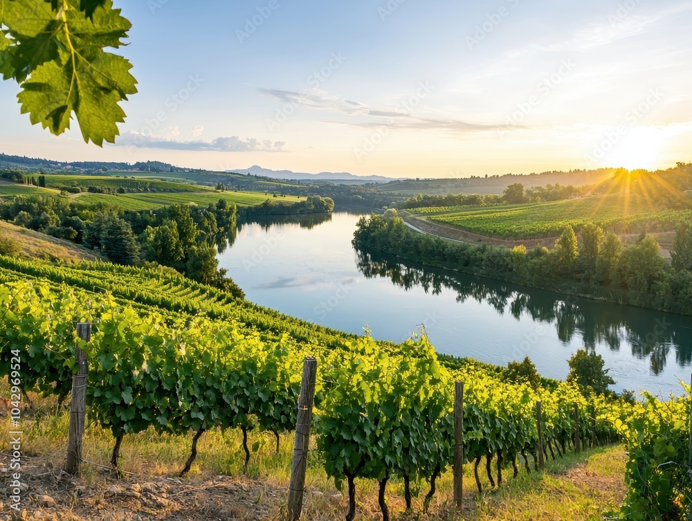 Naklejka premium Scenic vineyard landscape at sunset with river and lush greenery.