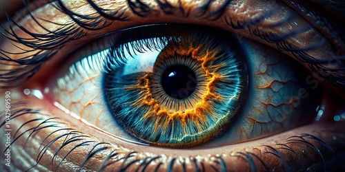 A Close-Up of an Eye with Vivid Blue and Orange Colors, Highlighting the Intricate Details of the Iris and the Delicate Curvature of the Eyelash