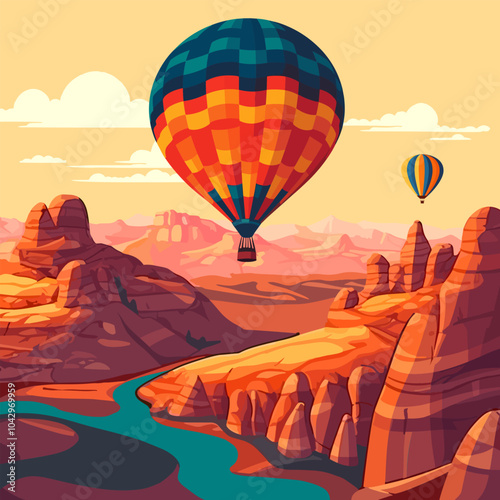 A colorful illustration of hot air balloons floating above the rocky landscapes and valleys of Cappadocia, perfect for travel or adventure-related projects.