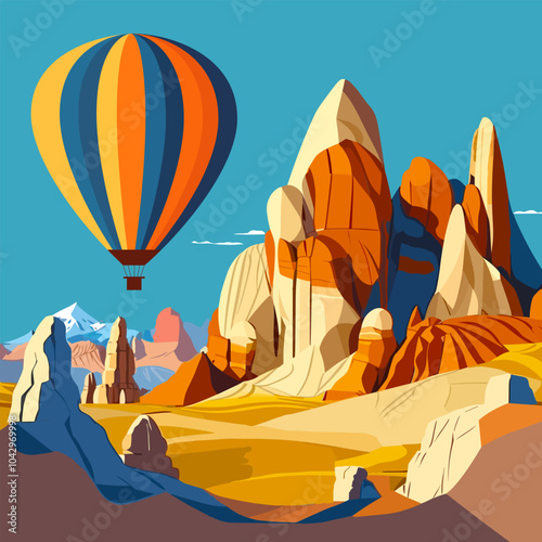 A dynamic vector scene of vibrant hot air balloons soaring over the iconic rock formations of Cappadocia, ideal for tourism, travel, or outdoor adventure concepts.