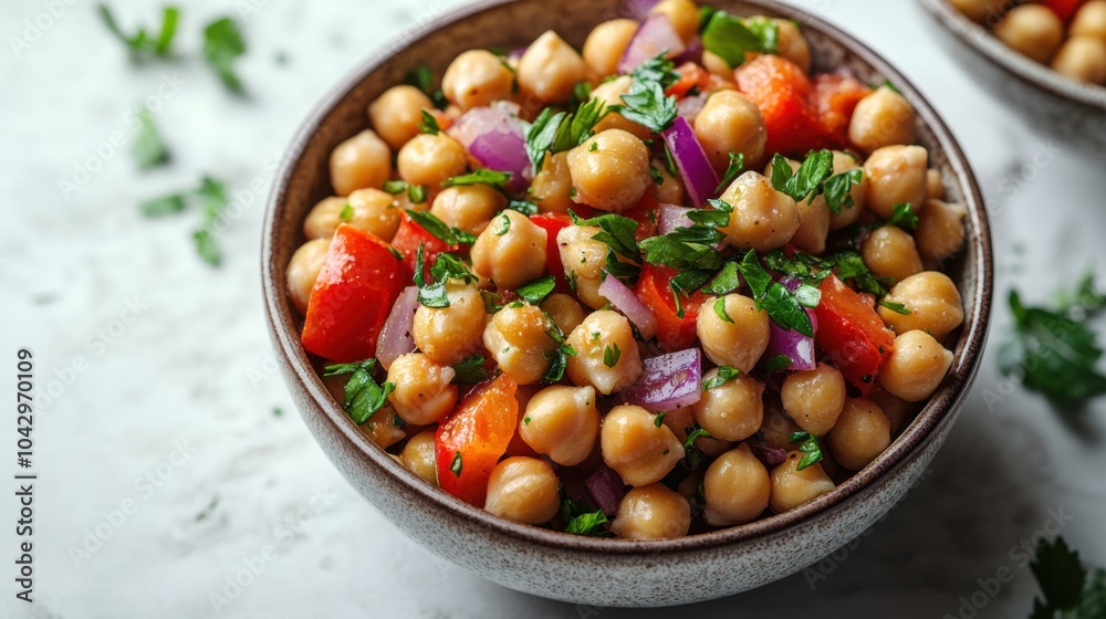 Mediterranean chickpea salad, white background, red onion and bell peppers, bright contrasts, top-down perspective. Mediterranean chickpea salad, white background, red onion and bell peppers, bright contrasts, top-down perspective.