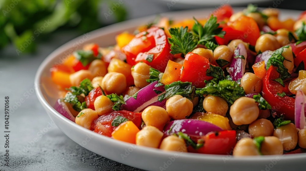 Mediterranean chickpea salad, white background, red onion and bell peppers, bright contrasts, top-down perspective.