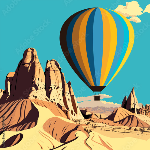 A dynamic vector scene of vibrant hot air balloons soaring over the iconic rock formations of Cappadocia, ideal for tourism, travel, or outdoor adventure concepts.
