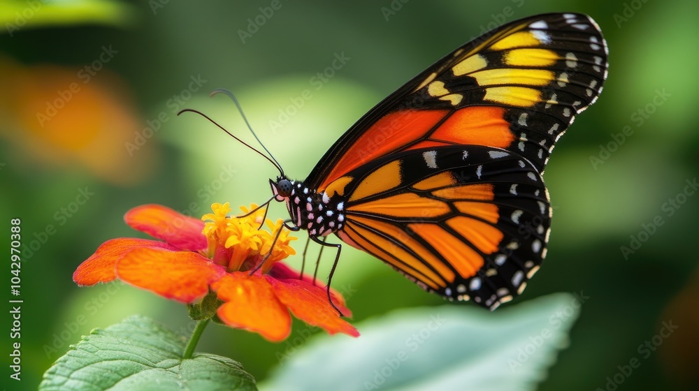 A detailed shot of a butterfly perched on a flower, its vibrant wings symbolizing the beauty and transformation found in nature A detailed shot of a butterfly perched on a flower, its vibrant wings symbolizing the beauty and transformation found in nature