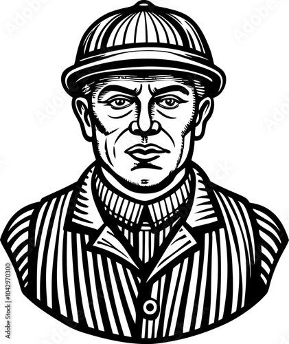 Vintage Gentleman in Striped Suit and Helmet Woodcut Style Illustration for Retro Designs