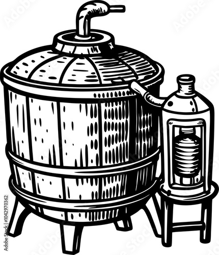 Vintage Brewery Equipment Illustration HandDrawn Fermentation Tank and Coil