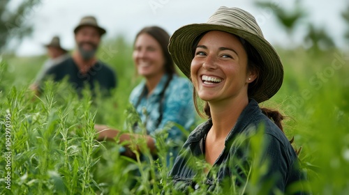 A diverse group of farmers practicing organic farming techniques, focusing on the benefits of green manure for sustainable agriculture. photo