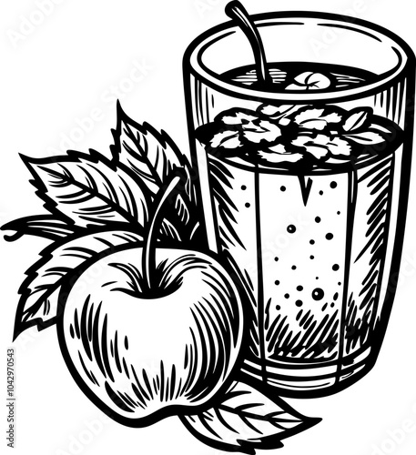 HandDrawn Apple Juice with Fresh Fruit and Leaves in Black and White