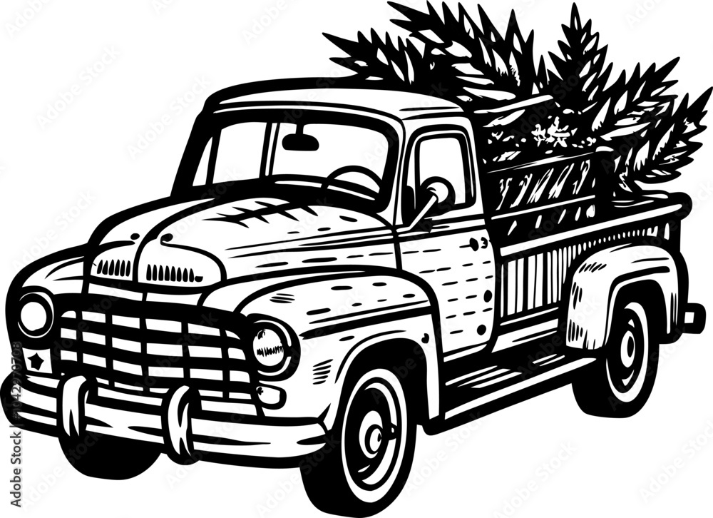 Fototapeta premium Vintage Pickup Truck with Foliage in Bed Retro Farm Vehicle Illustration