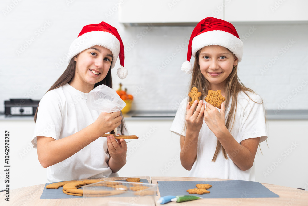 Fototapeta premium kids baking christmas cookies before the celebration of Christmas. Family