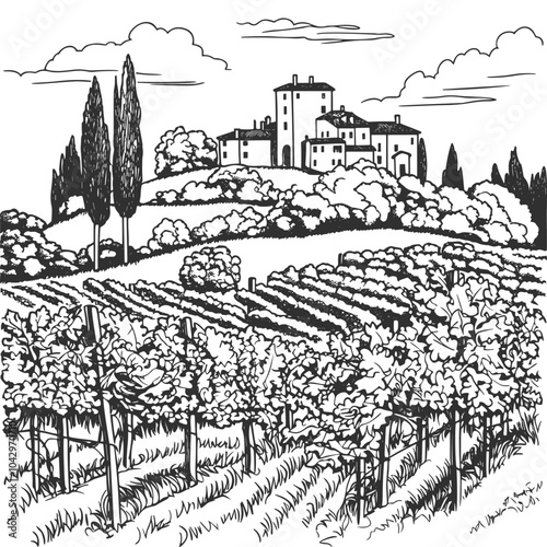 A hand-drawn landscape of a picturesque vineyard with hills, cypress trees, and traditional Tuscan buildings, ideal for wine-related or rural scenery illustrations.