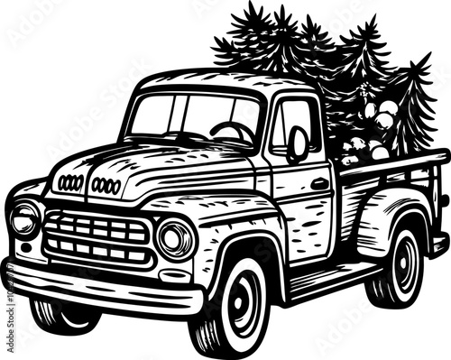 Vintage Pickup Truck with Christmas Trees and Gifts Illustration