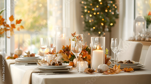 Festive autumn table setting for National Table Decor Day, November 28th, elegant setup, seasonal decorations, warm ambiance