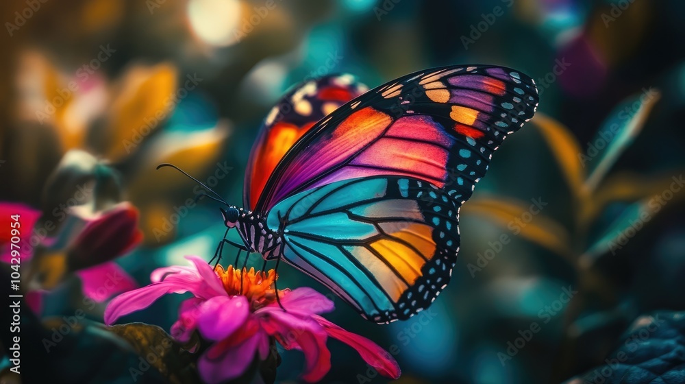 Close-up of a colorful butterfly on a flower, its delicate wings and vibrant colors symbolizing natural beauty and transformation