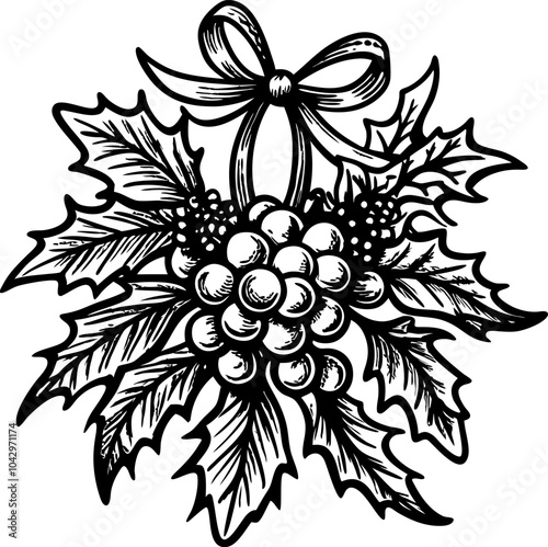 Vintage HandDrawn Holly and Berries with Bow Festive Holiday Vector Illustration