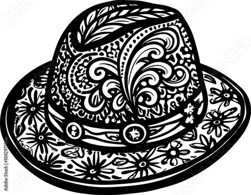 Ornate Paisley ed Hat with Floral Designs Intricate Vector Illustration