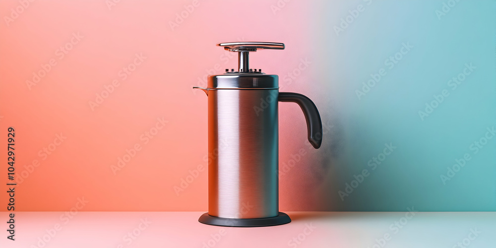 Obraz premium Stainless Steel Pump Bottle with a Handle Standing on a Pink and Blue Background