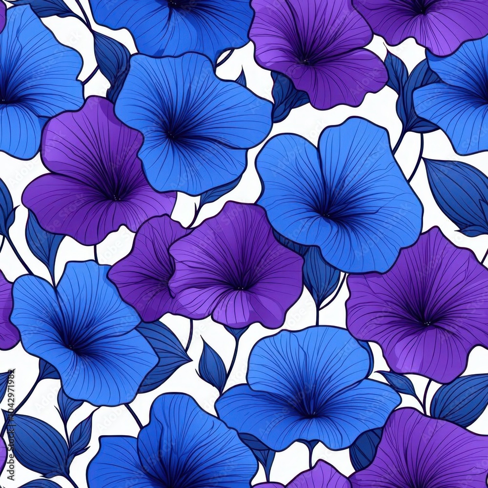 Naklejka premium A seamless pattern with morning glories in vibrant purple and blue, seamless Pattern