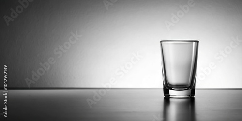 Empty glass on white table with leading lines, black and white