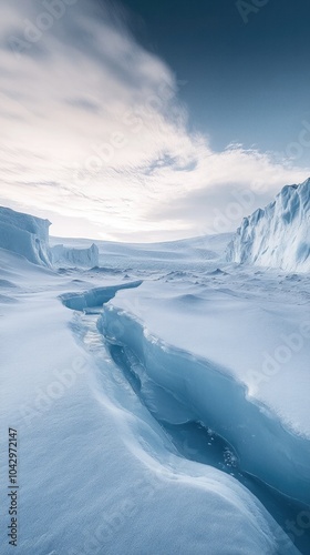 Winter landscape of frozen snow environment under a cloudy sky