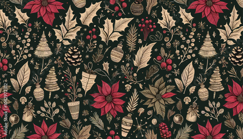 Festive floral and Christmas ornament pattern with holiday themed decorations