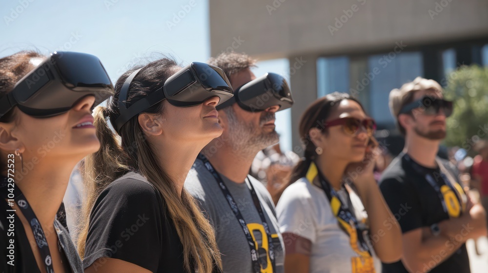 A diverse group of people, including Latino and multicultural participants, experiencing a solar eclipse through AR/VR technology, blending education and innovation. A diverse group of people, including Latino and multicultural participants, experiencing a solar eclipse through AR/VR technology, blending education and innovation.