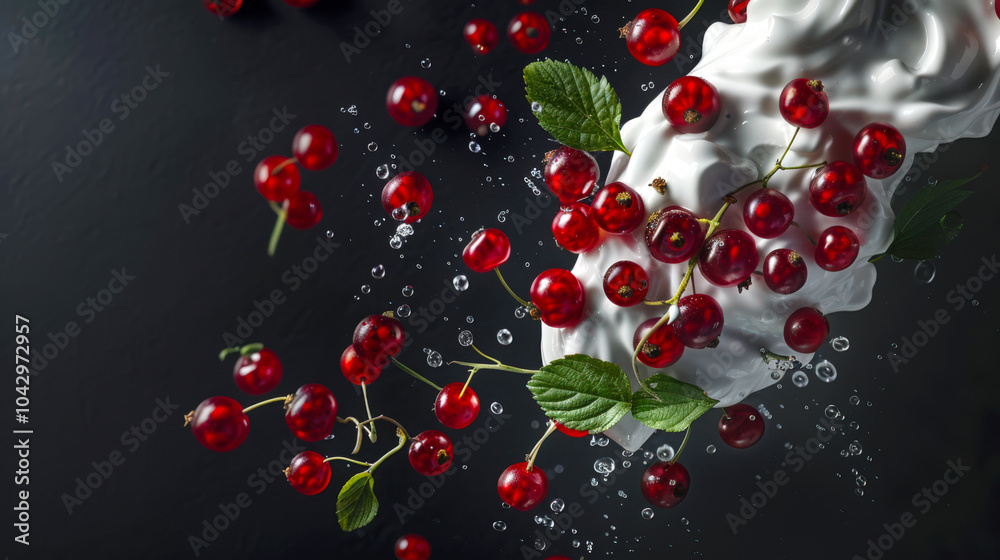 Close-up of red currant berries with whipped cream. The berries are scattered all over the dessert, creating a feeling of abundance and freshness. Healthy eating. Berry background Close-up of red currant berries with whipped cream. The berries are scattered all over the dessert, creating a feeling of abundance and freshness. Healthy eating. Berry background
