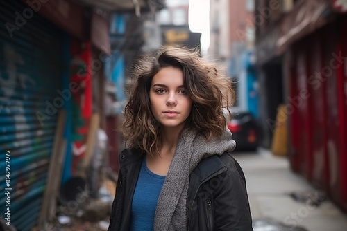 Portrait of a beautiful young woman with windy hair in the city