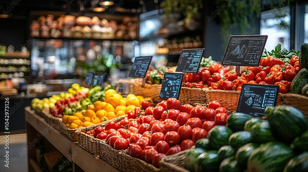 High-tech organic food market, with digital displays showing the origins