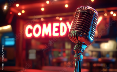 The retro microphone is placed on the stage of a comedy club with a glowing neon sign 