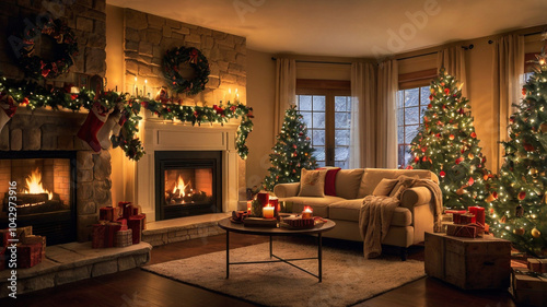 A cozy and festive living room decorated for Christmas, featuring multiple Christmas trees, a crackling fireplace, wrapped gifts, and warm lighting.