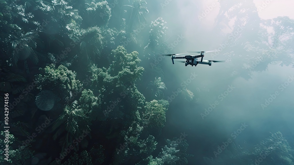 Drone flying high above mountains on a clear day. Aerial photography, technology, adventure, and exploration.