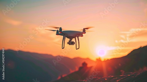 Drone flying high above mountains on a clear day. Aerial photography, technology, adventure, and exploration.