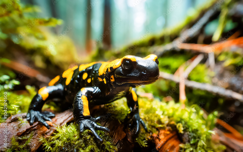 Fototapeta premium a fire salamander in the forest, AI generated