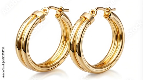 Elegant gold hoop earrings isolated on white background panoramic