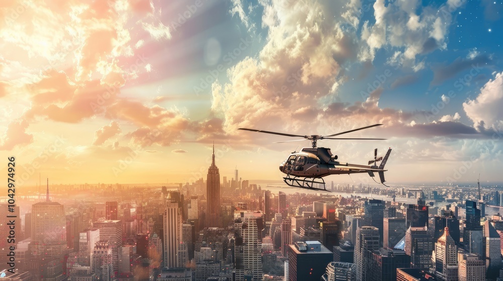 Helicopter flying above a city skyline during sunset. Aviation, urban landscape, and aerial view of a modern city. Helicopter flying above a city skyline during sunset. Aviation, urban landscape, and aerial view of a modern city.