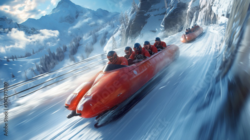 
A bobsled team racing down a winding, icy track with intense speed and sharp turn photo