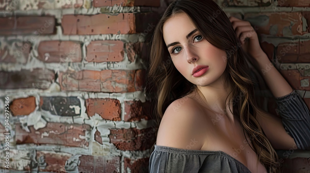 Fototapeta premium Portrait by brick wall. A woman posing in front of a rustic brick wall, with soft lighting and natural makeup. A calm and stylish portrait.