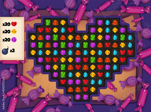 Enjoy the Colorful Jewel Match Game UI Board on a beautiful Parchment Background