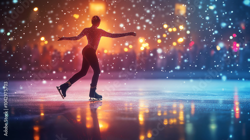 A graceful figure skater performs a stunning spin on the sparkling ice of a skating rink against a backdrop of colorful lights