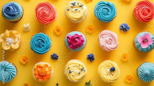 Beautifully decorated cupcakes on yellow background, showcasing vibrant colors and floral designs