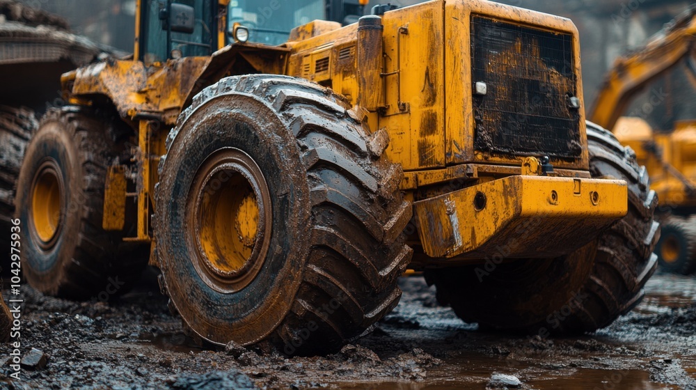 Heavy machinery covered in mud at a construction site. Heavy machinery covered in mud at a construction site.